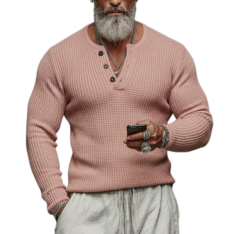 Men's Classic Casual Henley Neck Waffle Knit Long-sleeved T-shirt MTA2300L3K sold by Manly