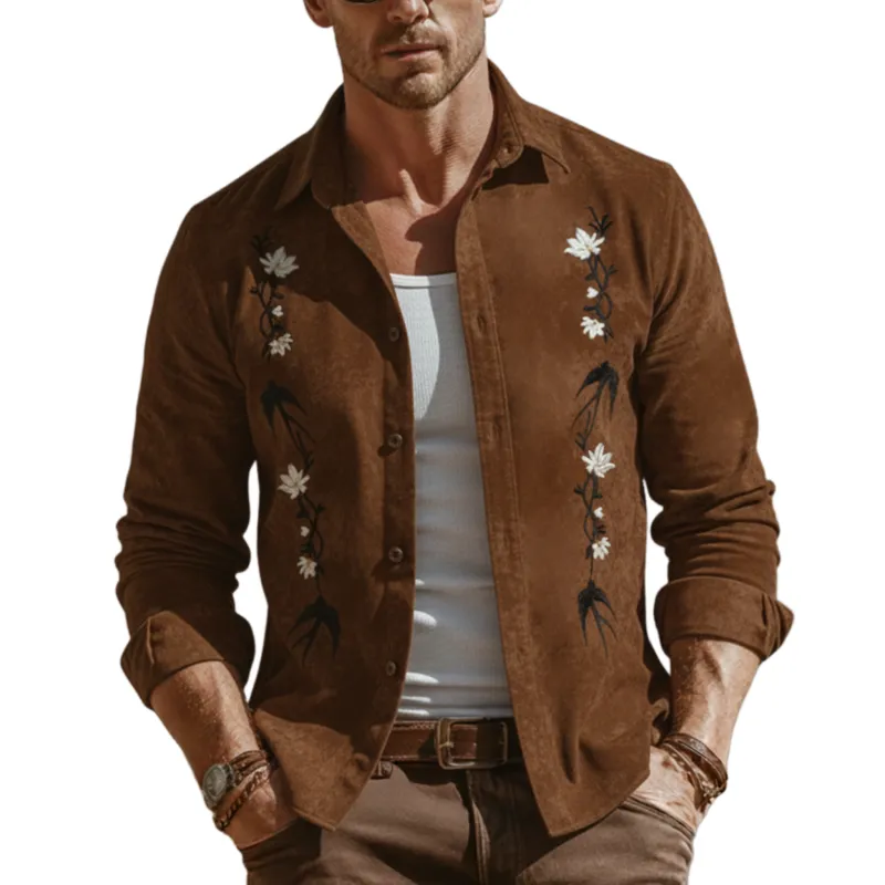 Men's Classic Vintage Embroidered Faux Suede Long-sleeved Shirt MTA2210L2K sold by Manly