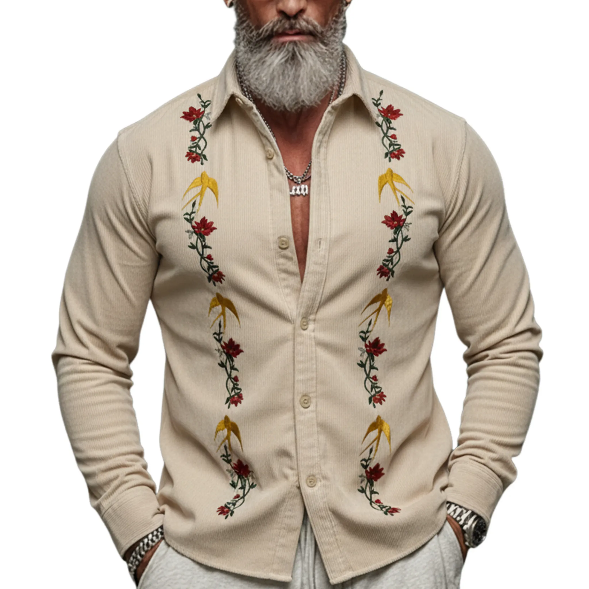 Men's Classic Vintage Embroidered Corduroy Long-sleeved Shirt MTA2235L9K sold by Manly