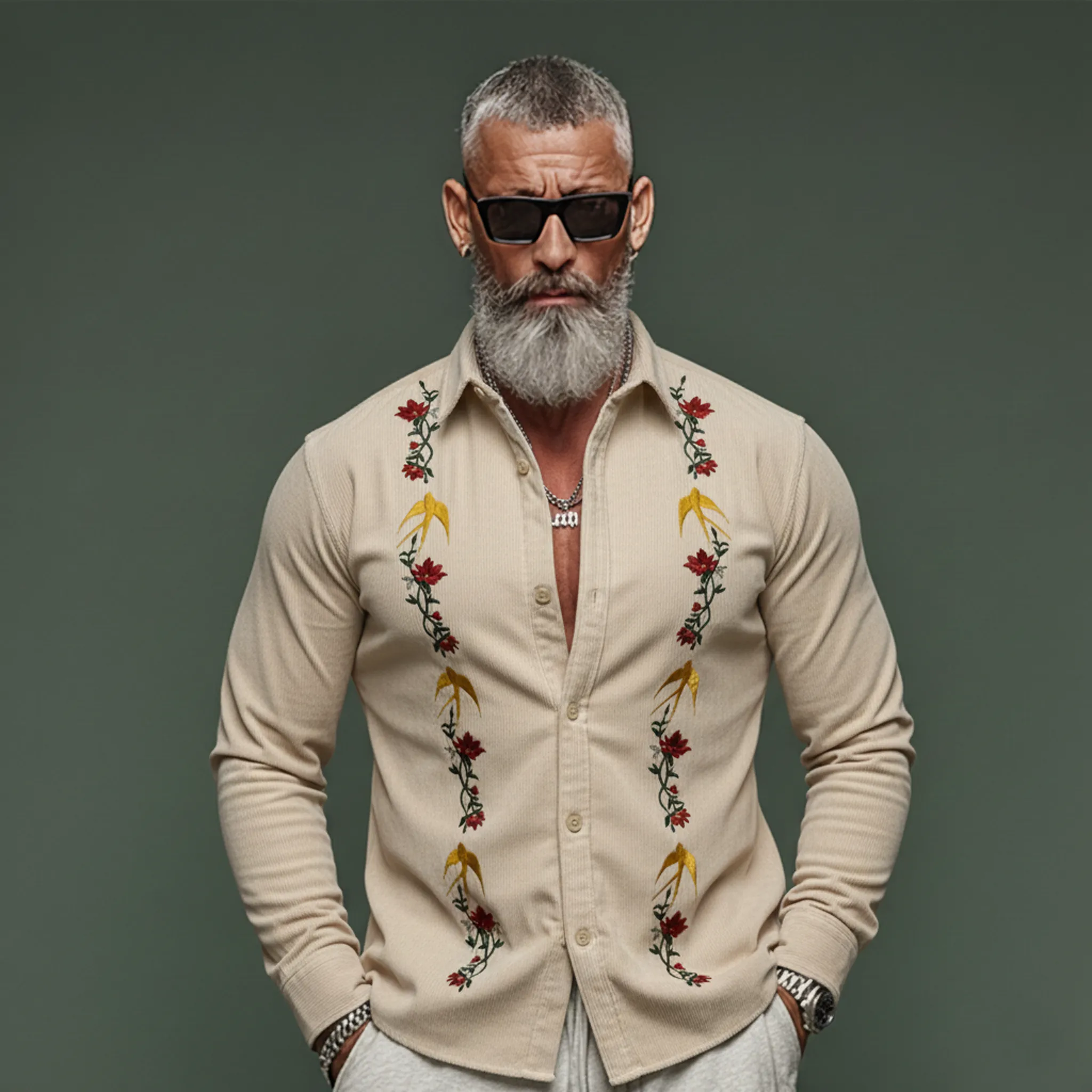 Men's Classic Vintage Embroidered Corduroy Long-sleeved Shirt MTA2235L9K sold by Manly product image thumbnail 2