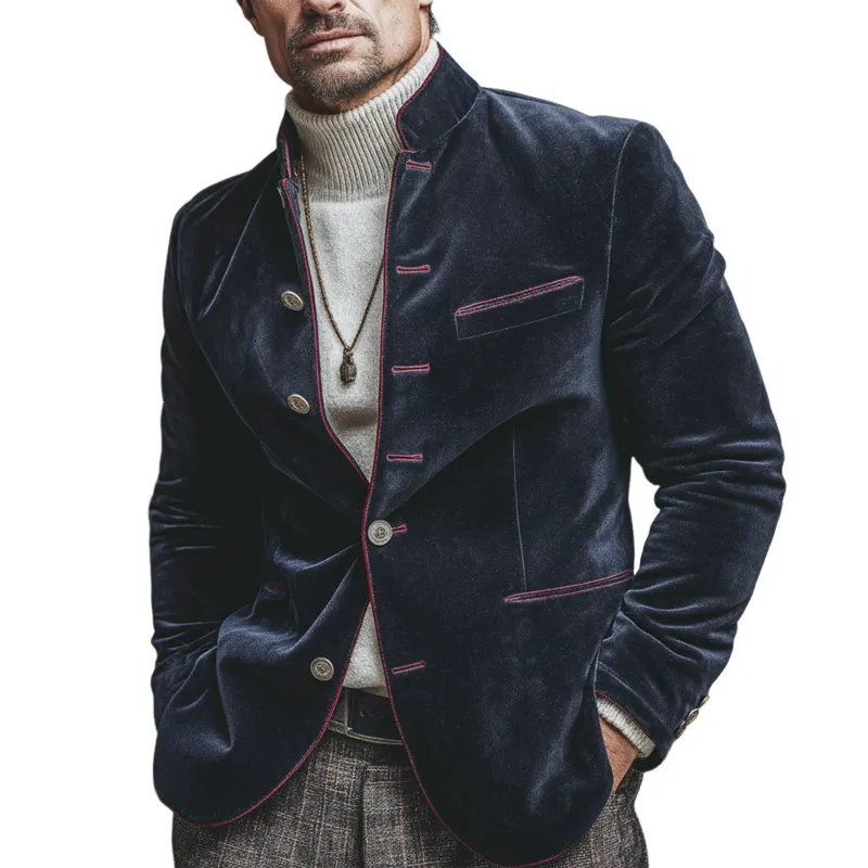 Men's Retro Business Stand Collar Velvet Embroidered Lines Slim Fit Jacket MTA2257L0U sold by Manly
