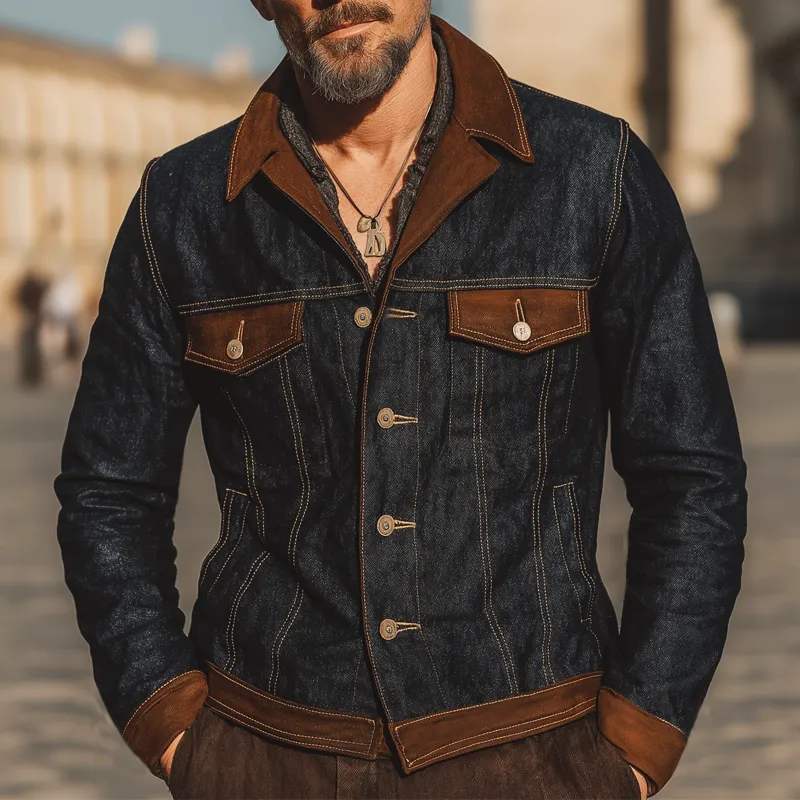 Men's Urban Vintage Denim And Faux Suede Patchwork Jacket MTA2299L8U sold by Manly product image thumbnail 5