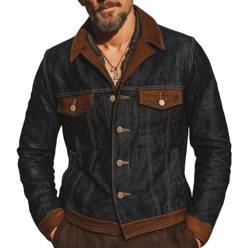 Men's Urban Vintage Denim And Faux Suede Patchwork Jacket MTA2299L8U sold by Manly