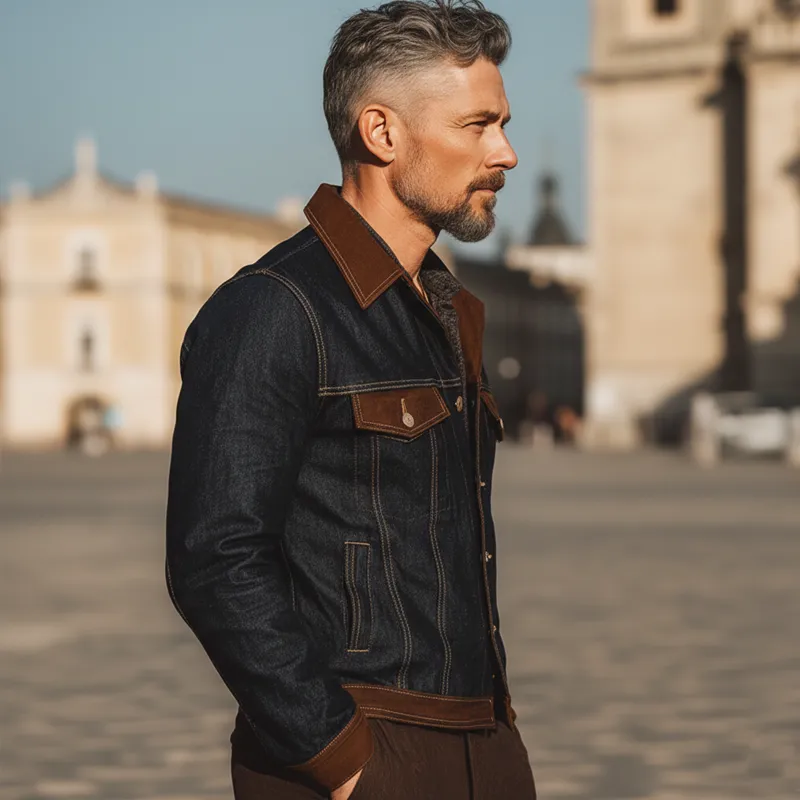 Men's Urban Vintage Denim And Faux Suede Patchwork Jacket MTA2299L8U sold by Manly product image thumbnail 3