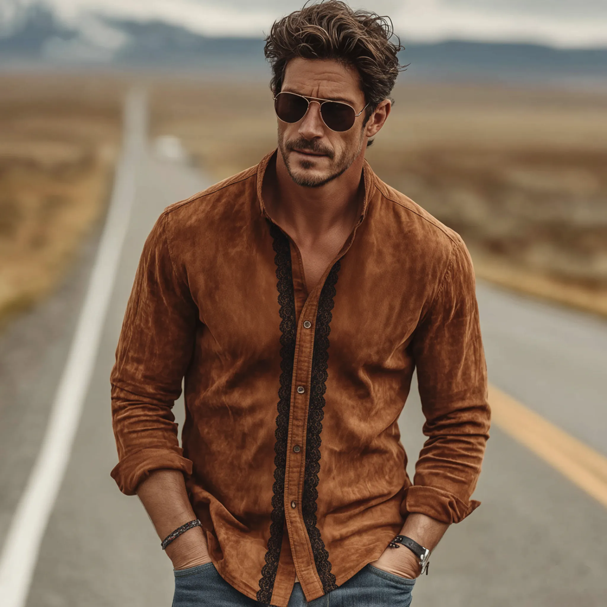 Men's Classic Vintage Western Style Decorative Lace Stand-collar Faux Suede Long-sleeved Shirt MTA2273L9K sold by Manly product image thumbnail 2