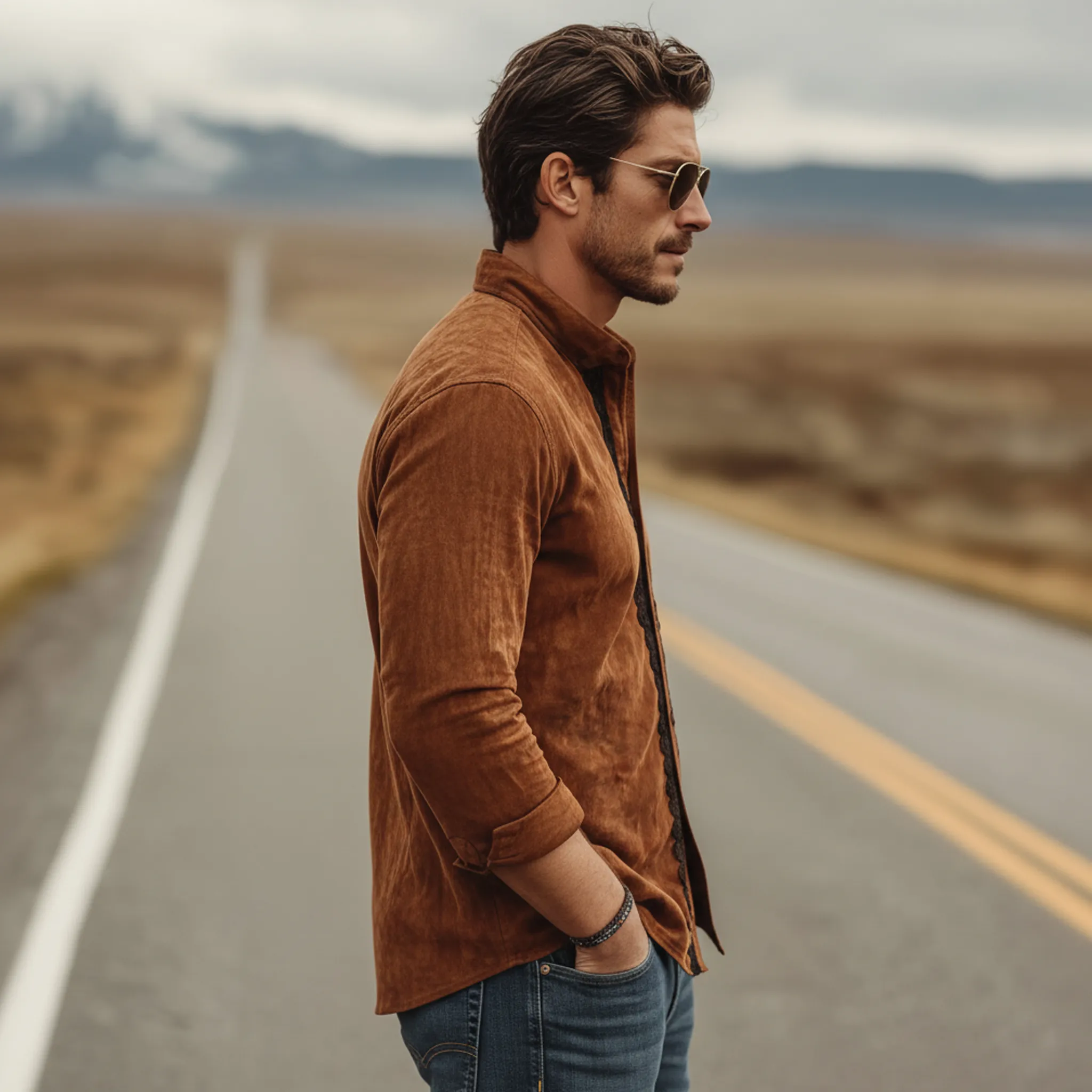 Men's Classic Vintage Western Style Decorative Lace Stand-collar Faux Suede Long-sleeved Shirt MTA2273L9K sold by Manly product image thumbnail 3