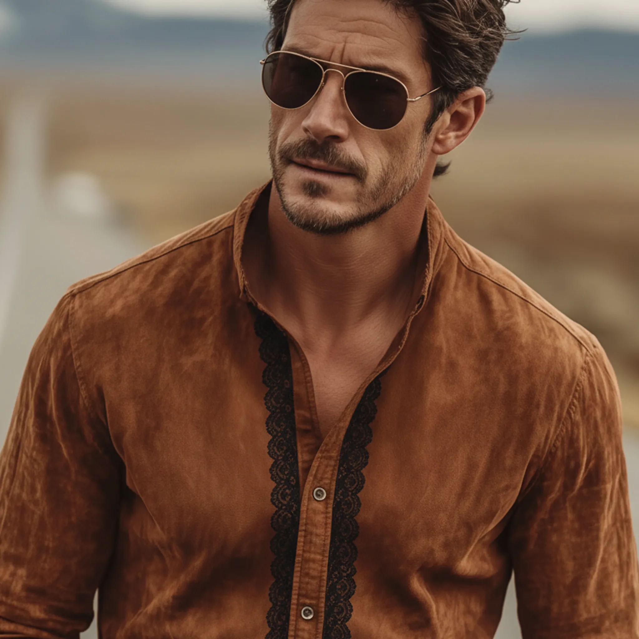 Men's Classic Vintage Western Style Decorative Lace Stand-collar Faux Suede Long-sleeved Shirt MTA2273L9K sold by Manly product image thumbnail 5