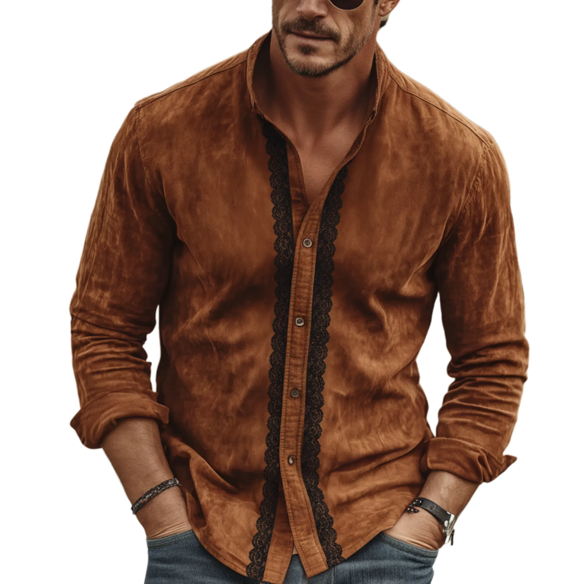 Men's Classic Vintage Western Style Decorative Lace Stand-collar Faux Suede Long-sleeved Shirt MTA2273L9K sold by Manly