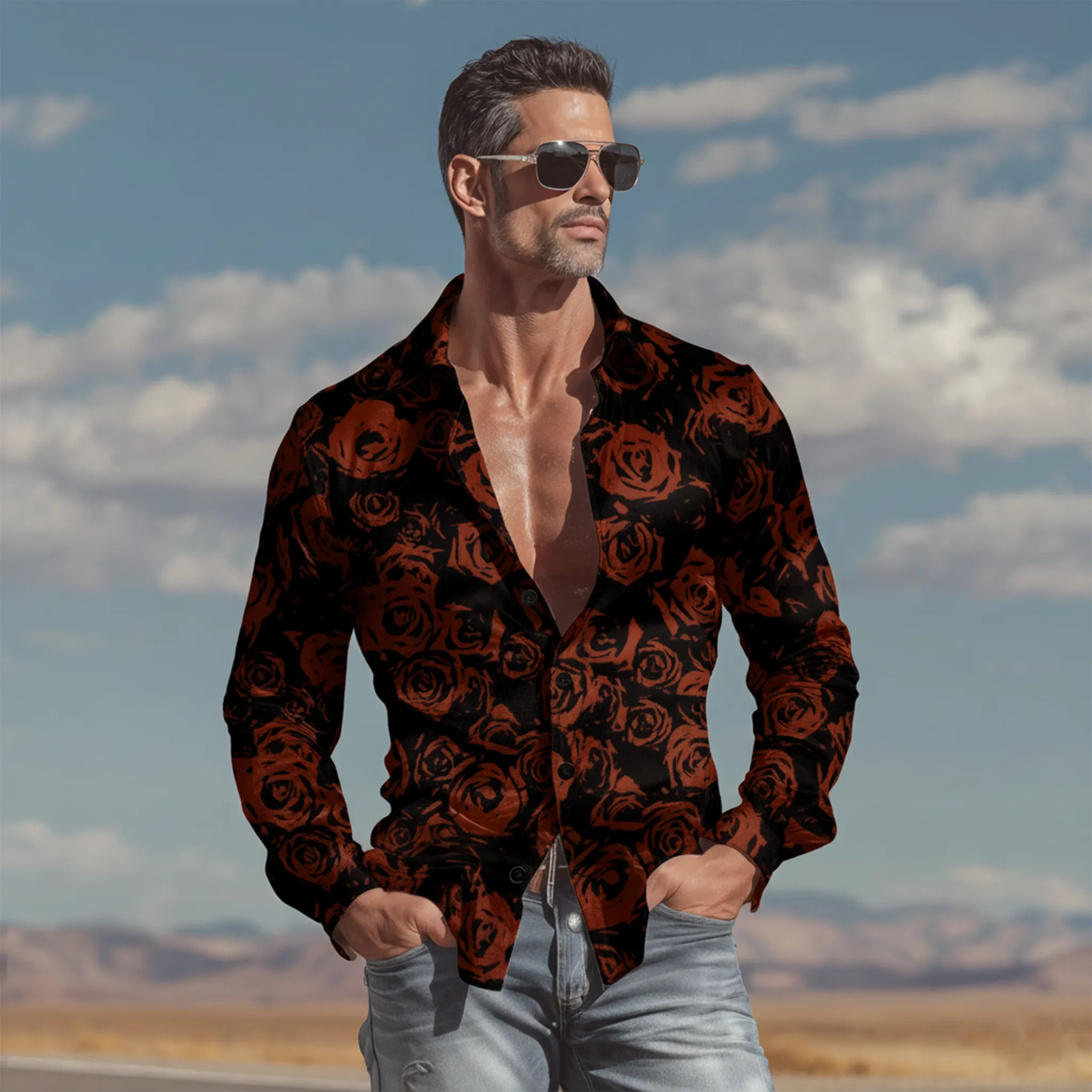 Men's Classic Vintage Rose Print Satin Long-sleeved Shirt MTA2284L4K sold by Manly product image thumbnail 2