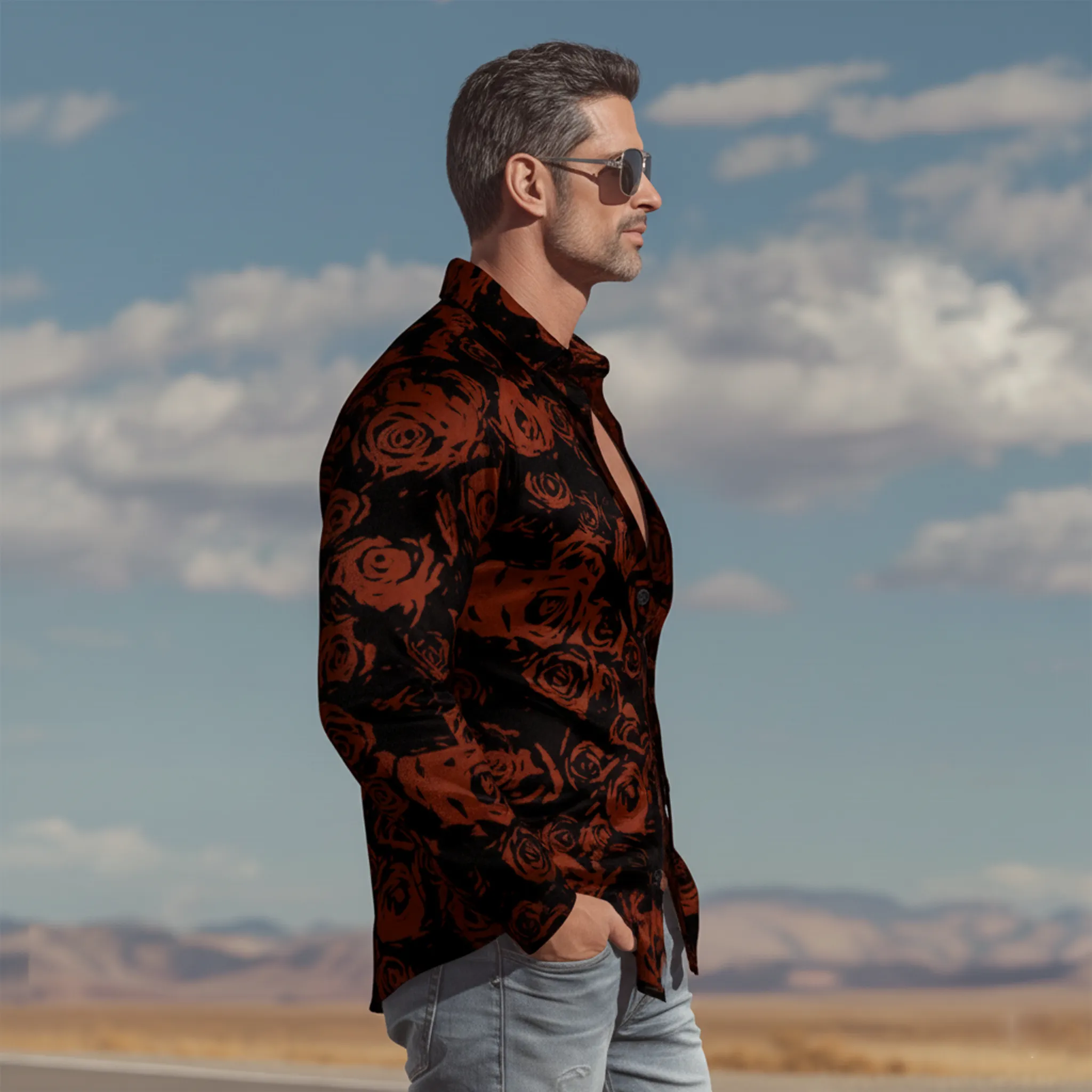 Men's Classic Vintage Rose Print Satin Long-sleeved Shirt MTA2284L4K sold by Manly product image thumbnail 3