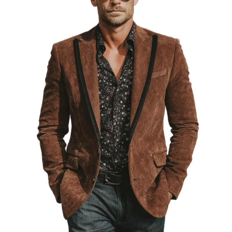 Men's Classic Vintage Western-style Contrasting Velvet Collar Single-breasted Faux Suede Blazer MTA2292L0K sold by Manly