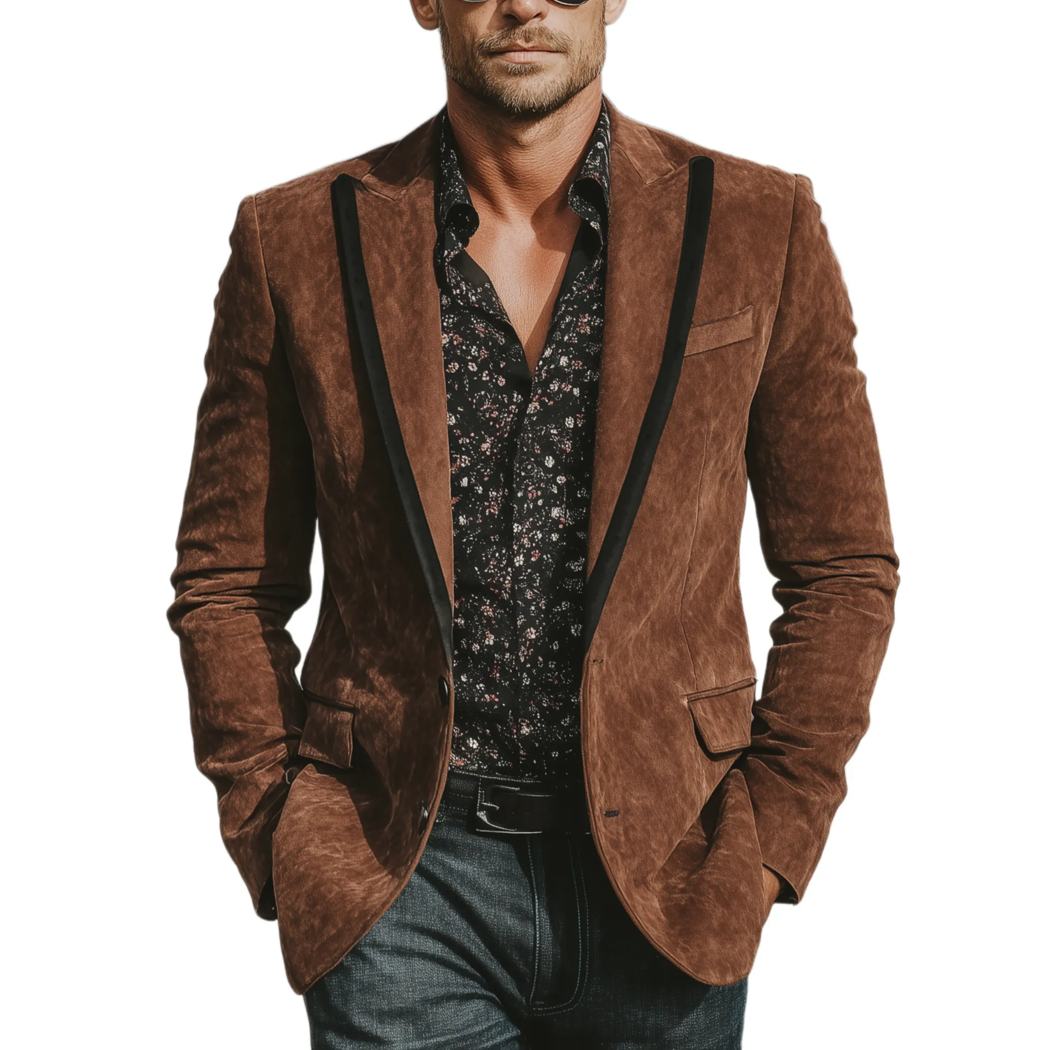 Men's Classic Vintage Western-style Contrasting Velvet Collar Single-breasted Faux Suede Blazer MTA2292L0K sold by Manly
