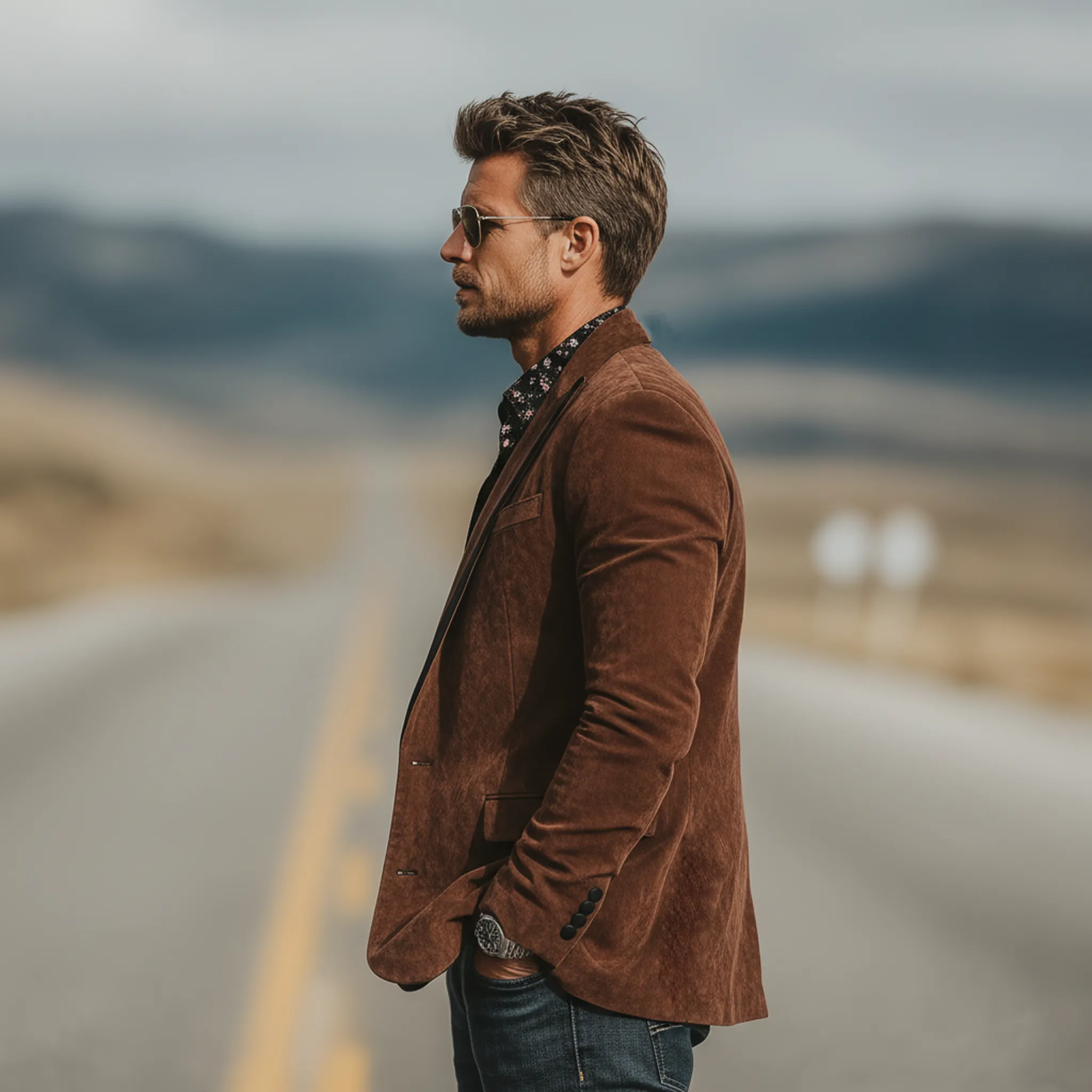 Men's Classic Vintage Western-style Contrasting Velvet Collar Single-breasted Faux Suede Blazer MTA2292L0K sold by Manly product image thumbnail 4