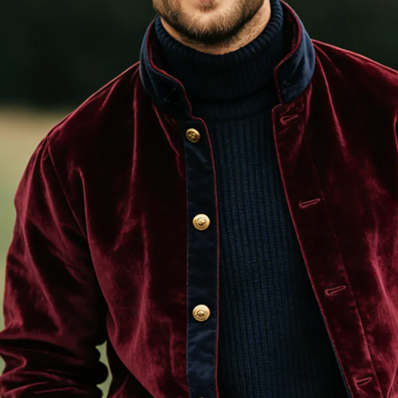 Men's Retro Casual Velvet Color Block Stand Collar Button Jacket MTA1784L6TO sold by Manly product image thumbnail 3