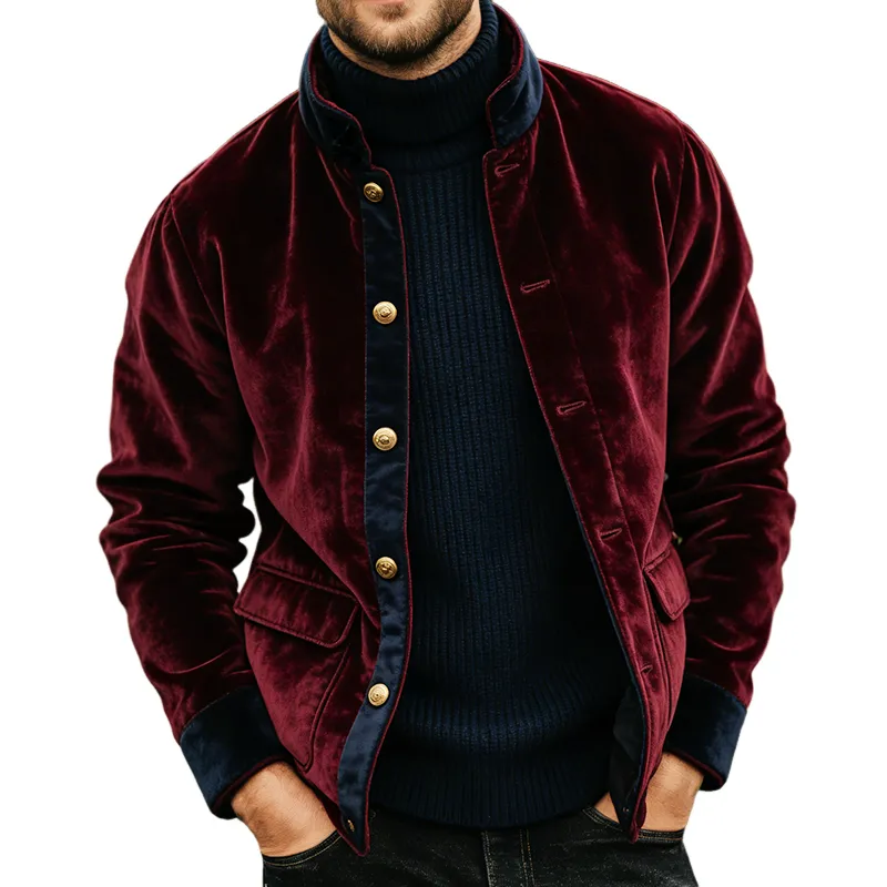 Men's Retro Casual Velvet Color Block Stand Collar Button Jacket MTA1784L6TO sold by Manly