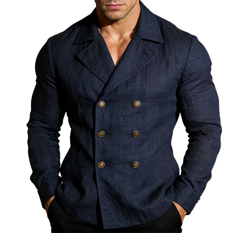 Men's Retro Casual Cotton Linen Double-Breasted Lapel Jacket MTA1921L6TO sold by Manly