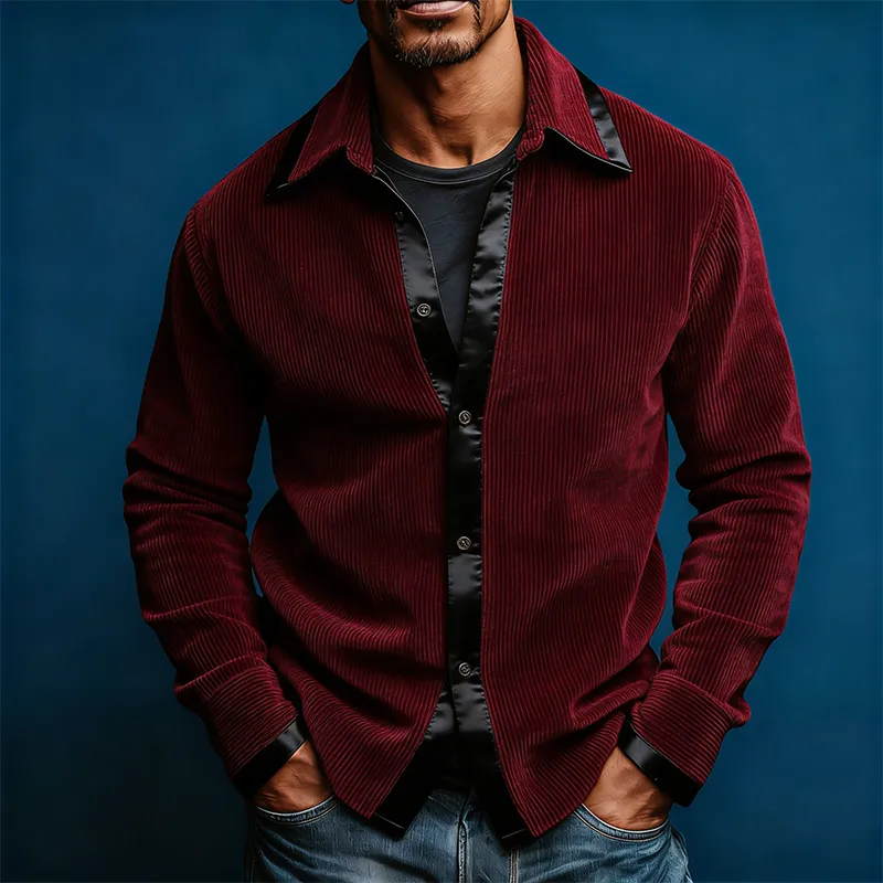 Men's Retro Casual Corduroy Satin Patchwork Lapel Long-Sleeve Shirt MTA1913L4TO sold by Manly product image thumbnail 2