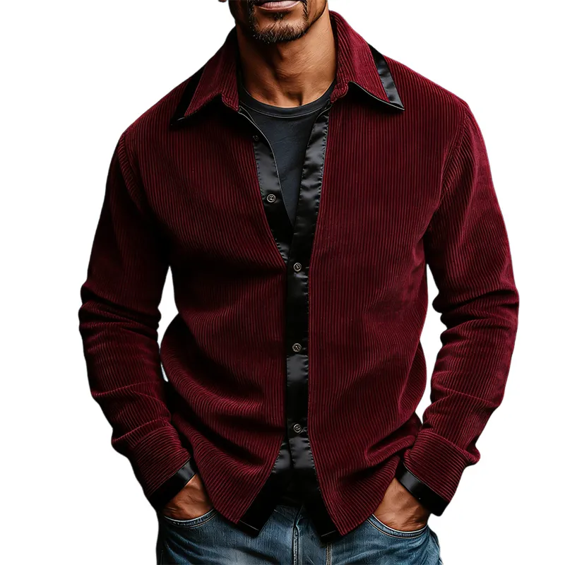 Men's Retro Casual Corduroy Satin Patchwork Lapel Long-Sleeve Shirt MTA1913L4TO sold by Manly