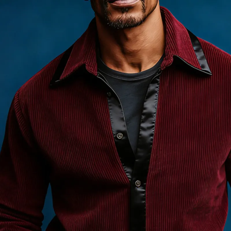 Men's Retro Casual Corduroy Satin Patchwork Lapel Long-Sleeve Shirt MTA1913L4TO sold by Manly product image thumbnail 3