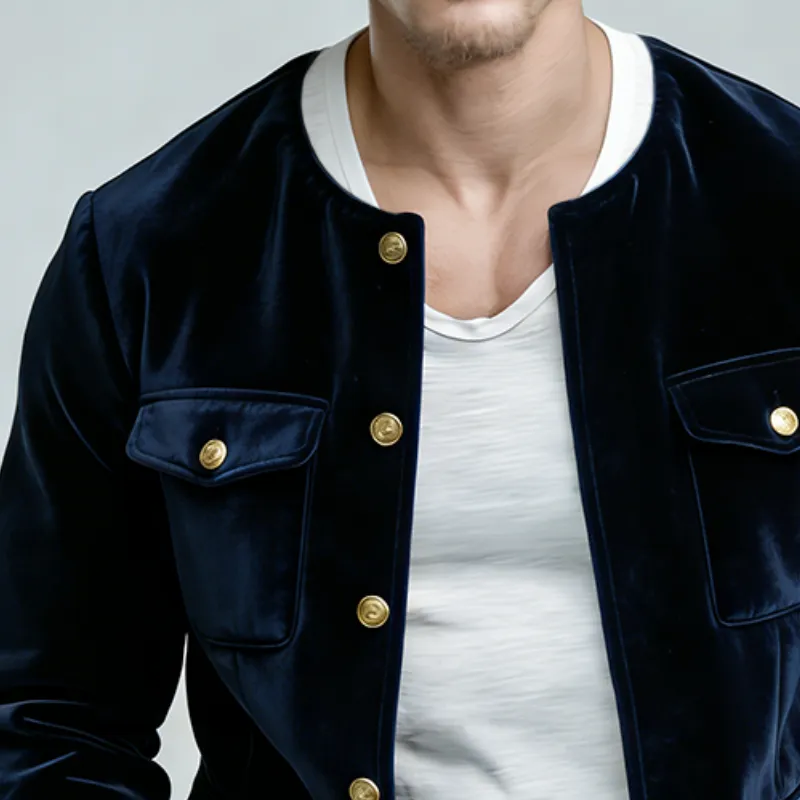 Men's Retro Casual Solid Color Velvet Collarless Button-Down Jacket MTA1745L6TO sold by Manly product image thumbnail 3
