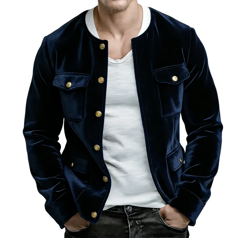 Men's Retro Casual Solid Color Velvet Collarless Button-Down Jacket MTA1745L6TO sold by Manly
