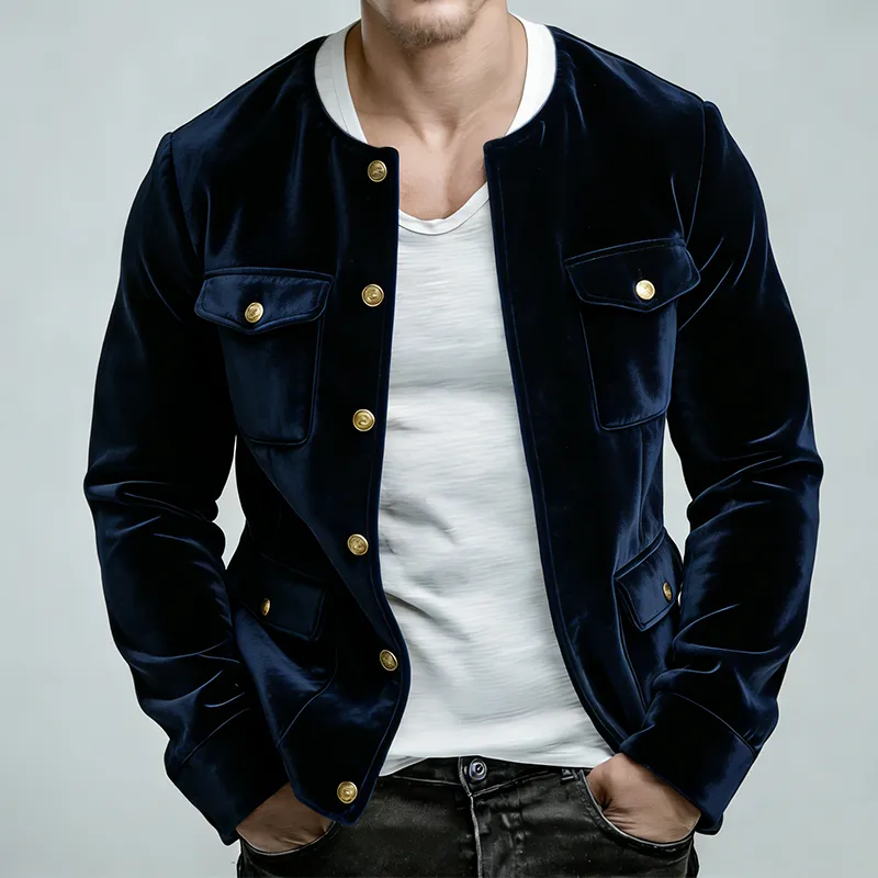 Men's Retro Casual Solid Color Velvet Collarless Button-Down Jacket MTA1745L6TO sold by Manly product image thumbnail 2