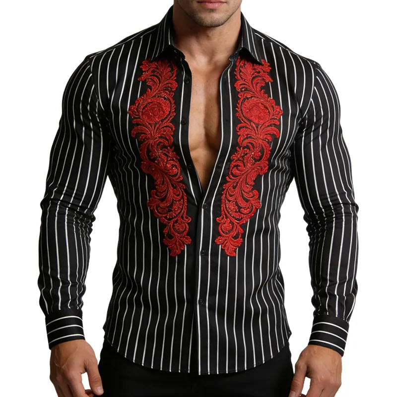 Men's Retro Casual Striped Embroidered Lapel Long-Sleeve Shirt MTA1936L6TO sold by Manly
