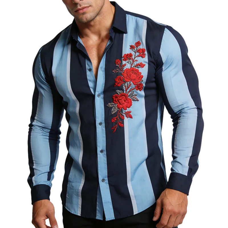 Men's Retro Casual Striped Embroidered Lapel Long-Sleeve Shirt MTA1957L5TO sold by Manly