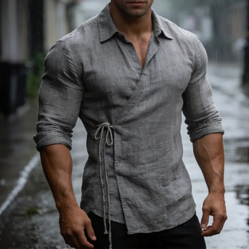 Men's Vintage Casual Cotton And Linen Lapel Long-Sleeved Shirt MTA1693L4TO sold by Manly product image thumbnail 2