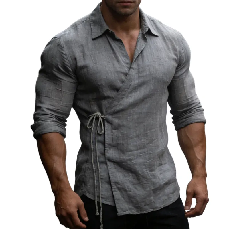 Men's Vintage Casual Cotton And Linen Lapel Long-Sleeved Shirt MTA1693L4TO sold by Manly