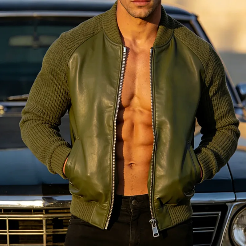 Men's Retro Casual Knitted Patchwork PU Zipper Collarless Jacket MTA1678L4TO sold by Manly product image thumbnail 3