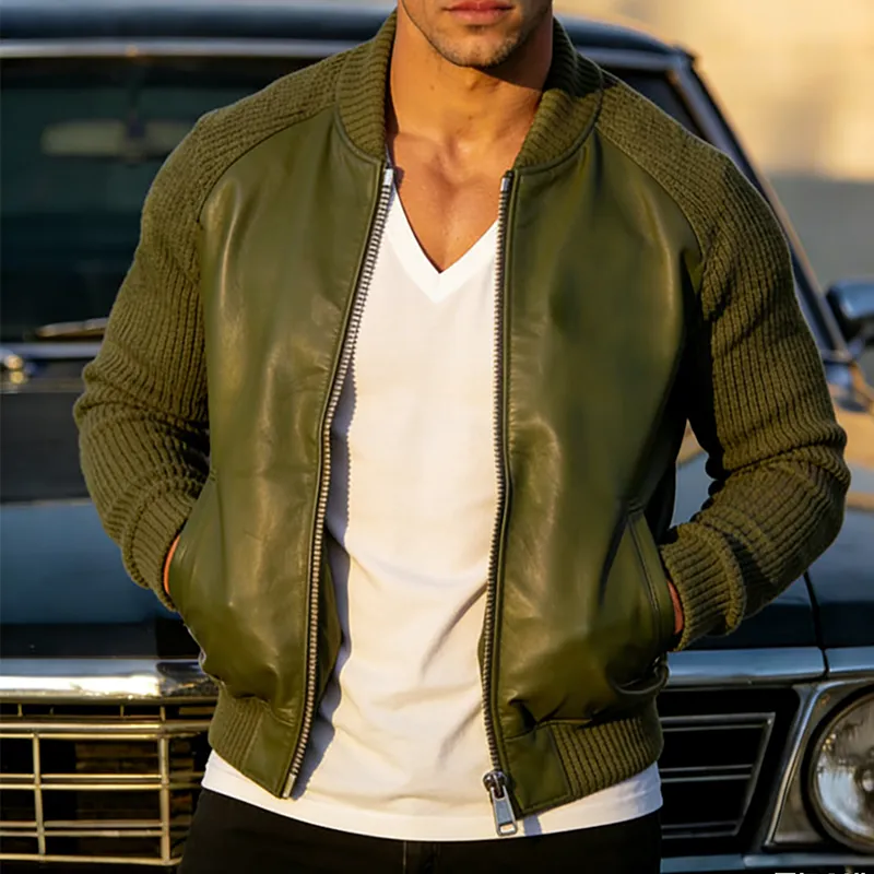 Men's Retro Casual Knitted Patchwork PU Zipper Collarless Jacket MTA1678L4TO sold by Manly product image thumbnail 2