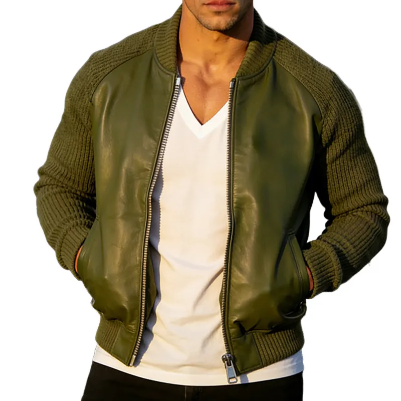 Men's Retro Casual Knitted Patchwork PU Zipper Collarless Jacket MTA1678L4TO sold by Manly