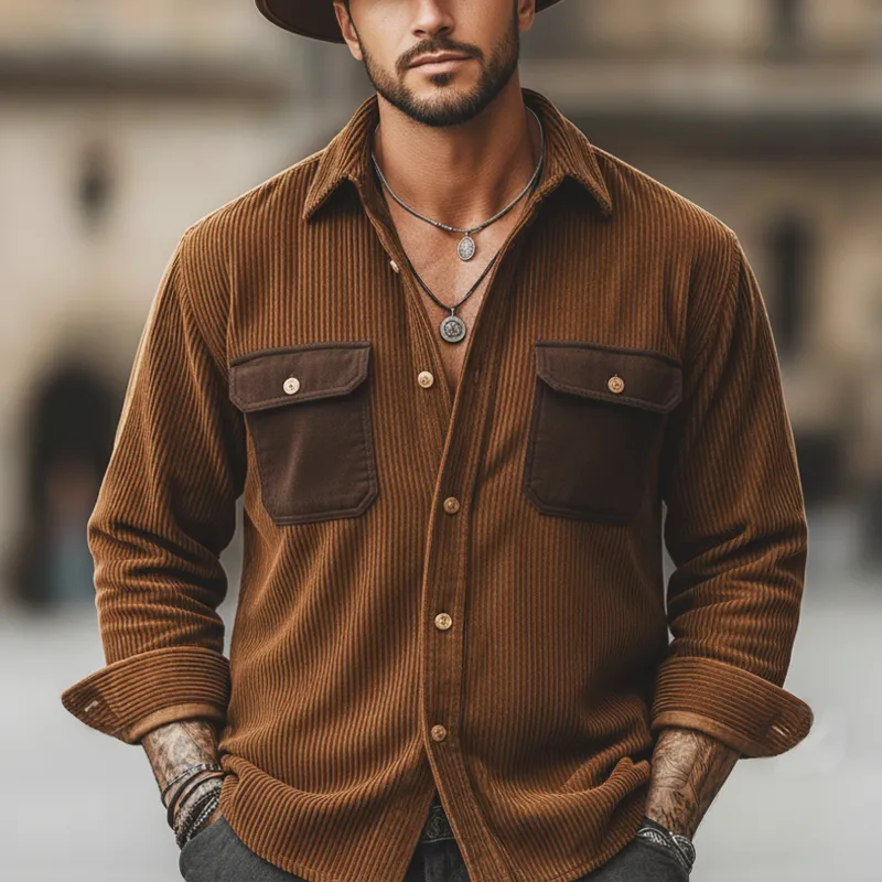 Men's Classic Corduroy Color-Blocked Pocket Long-Sleeve Shirt MTA2006L7U sold by Manly product image thumbnail 5
