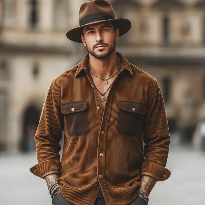 Men's Classic Corduroy Color-Blocked Pocket Long-Sleeve Shirt MTA2006L7U sold by Manly product image thumbnail 2