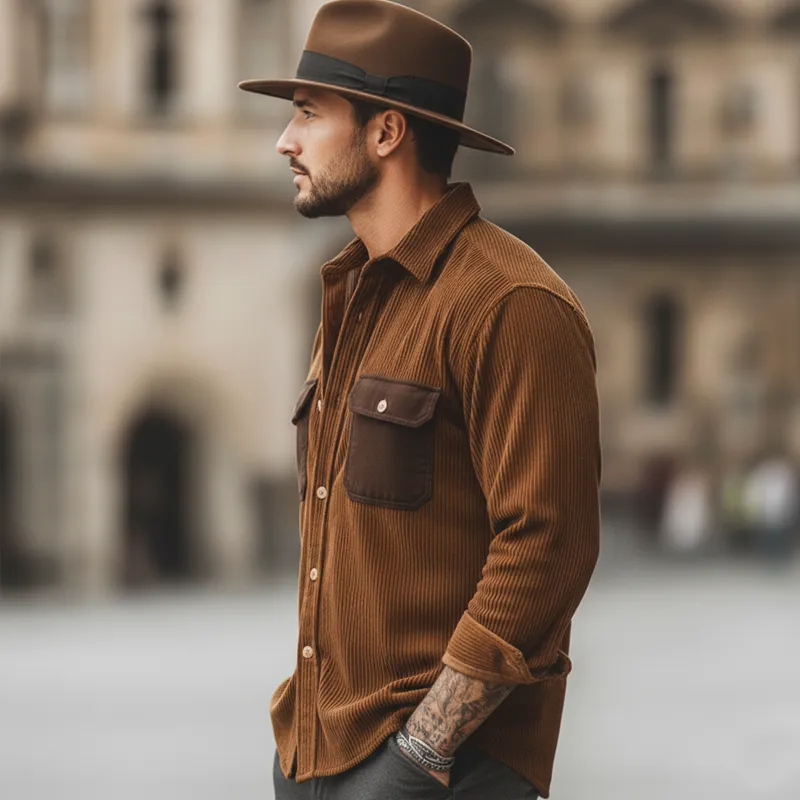 Men's Classic Corduroy Color-Blocked Pocket Long-Sleeve Shirt MTA2006L7U sold by Manly product image thumbnail 3