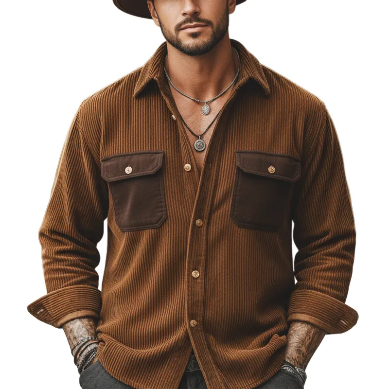 Men's Classic Corduroy Color-Blocked Pocket Long-Sleeve Shirt MTA2006L7U sold by Manly