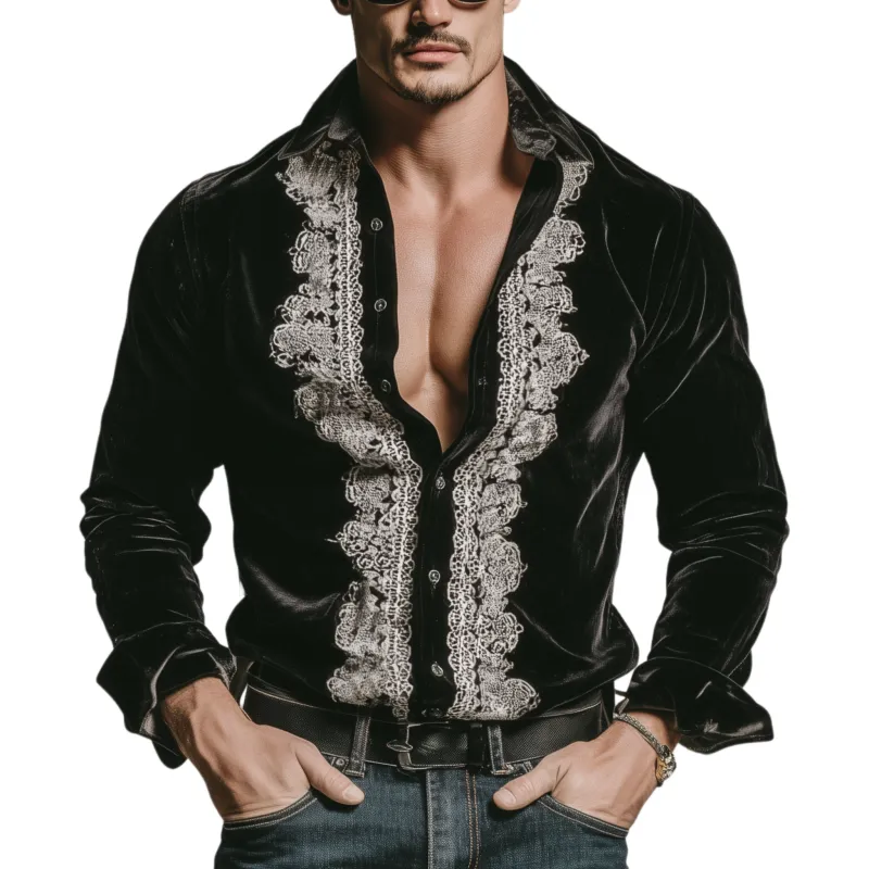 Men's Classic Vintage Lace-paneled Lapel Black Velvet Long-sleeved Shirt MTA2087L4K sold by Manly
