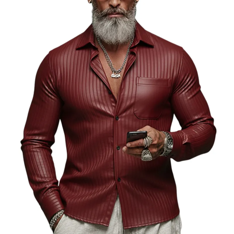 Men's Classic Vintage Textured PU Leather Long-sleeved Shirt MTA2019L7K sold by Manly