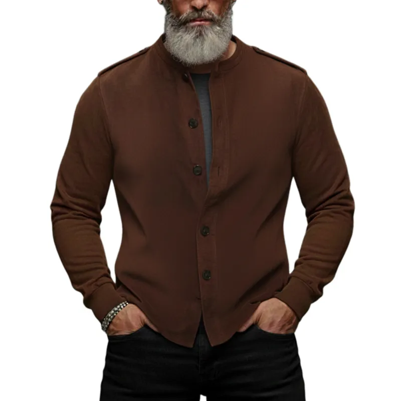 Men's Classic Vintage Stand-collar Epaulet Faux Suede Long-sleeved Shirt MTA1705L4K sold by Manly