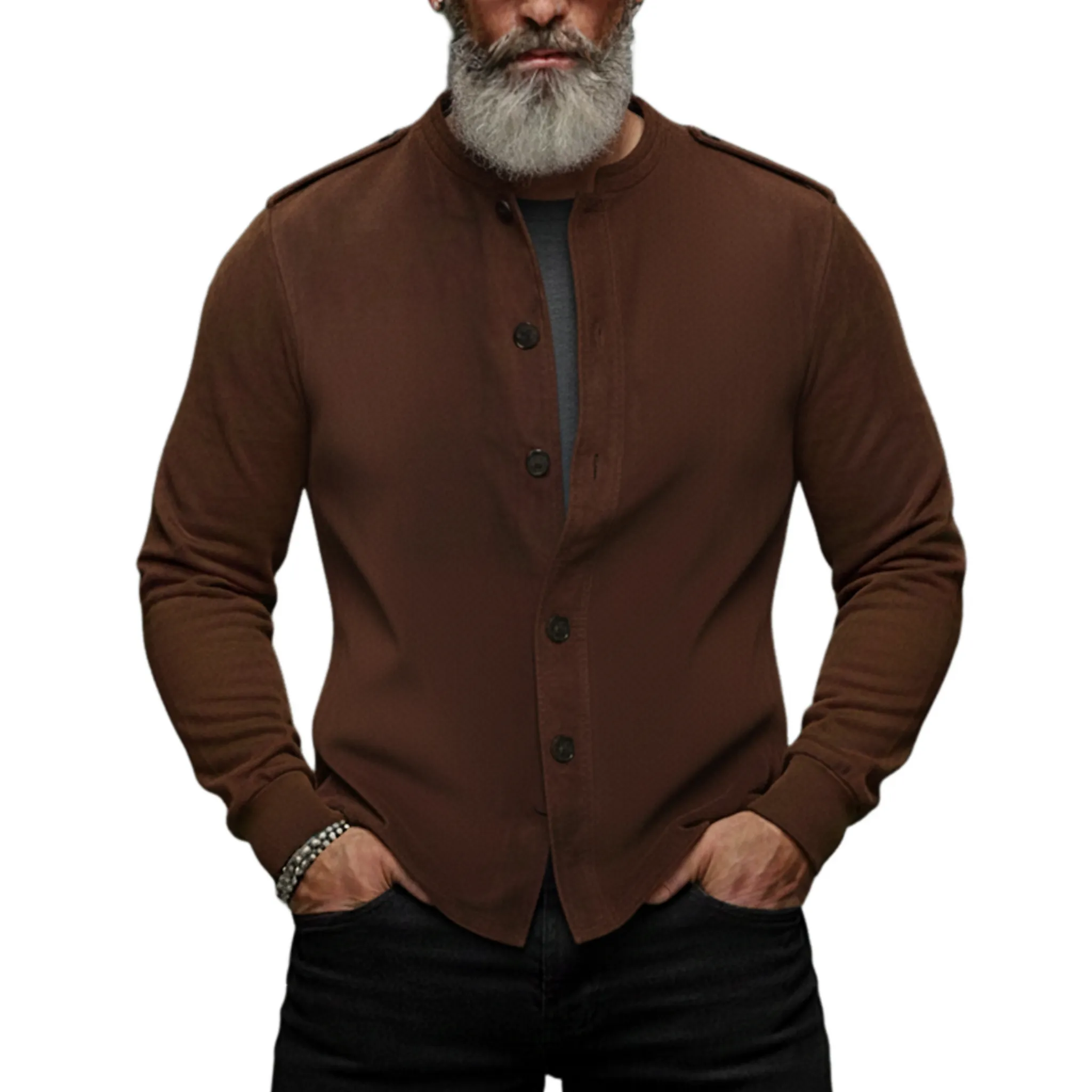 Men's Classic Vintage Stand-collar Epaulet Faux Suede Long-sleeved Shirt MTA1705L4K sold by Manly