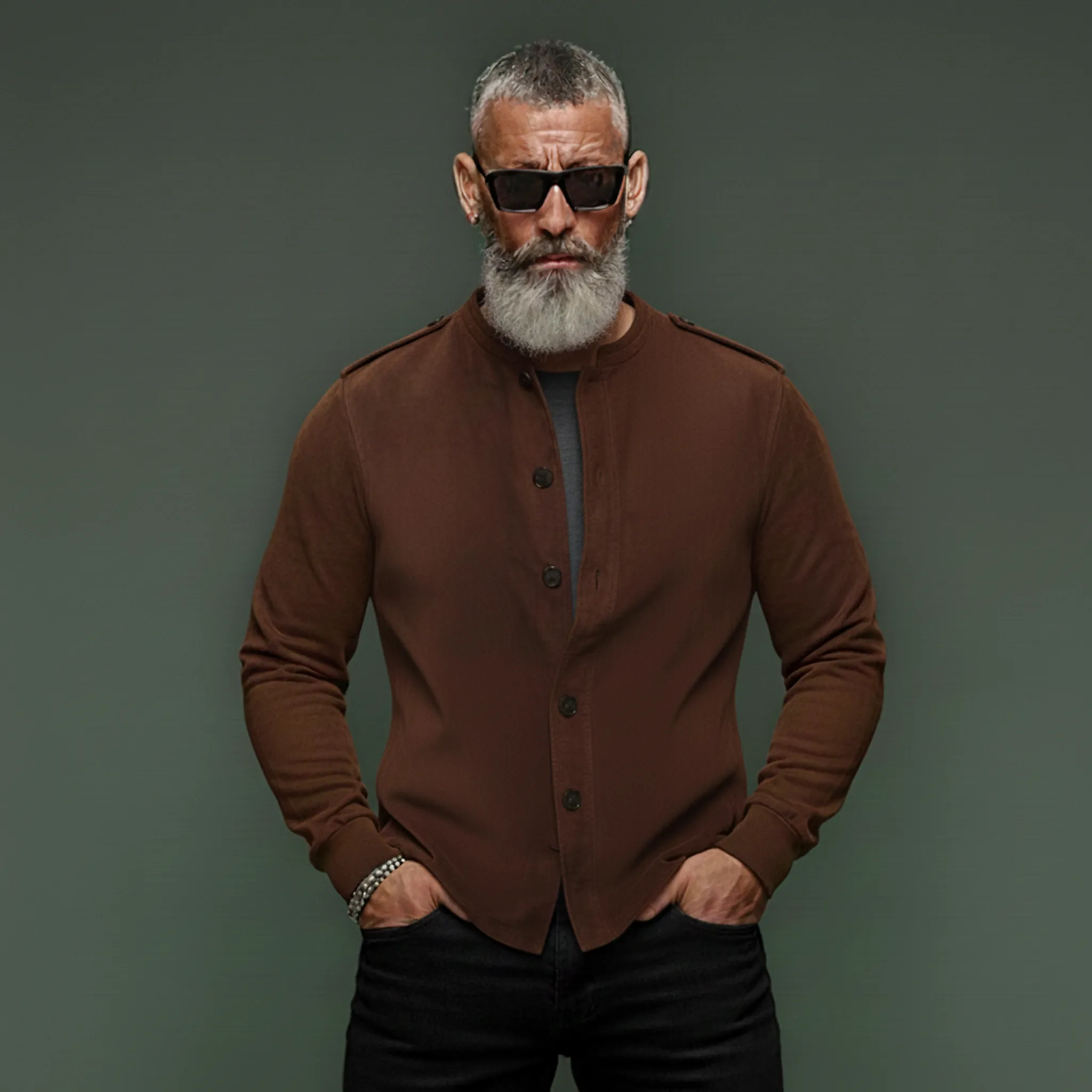 Men's Classic Vintage Stand-collar Epaulet Faux Suede Long-sleeved Shirt MTA1705L4K sold by Manly product image thumbnail 2