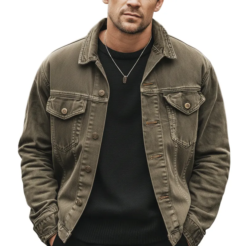 Men's Urban Classic Distressed Army Green Denim Jacket MTA1808L3U sold by Manly