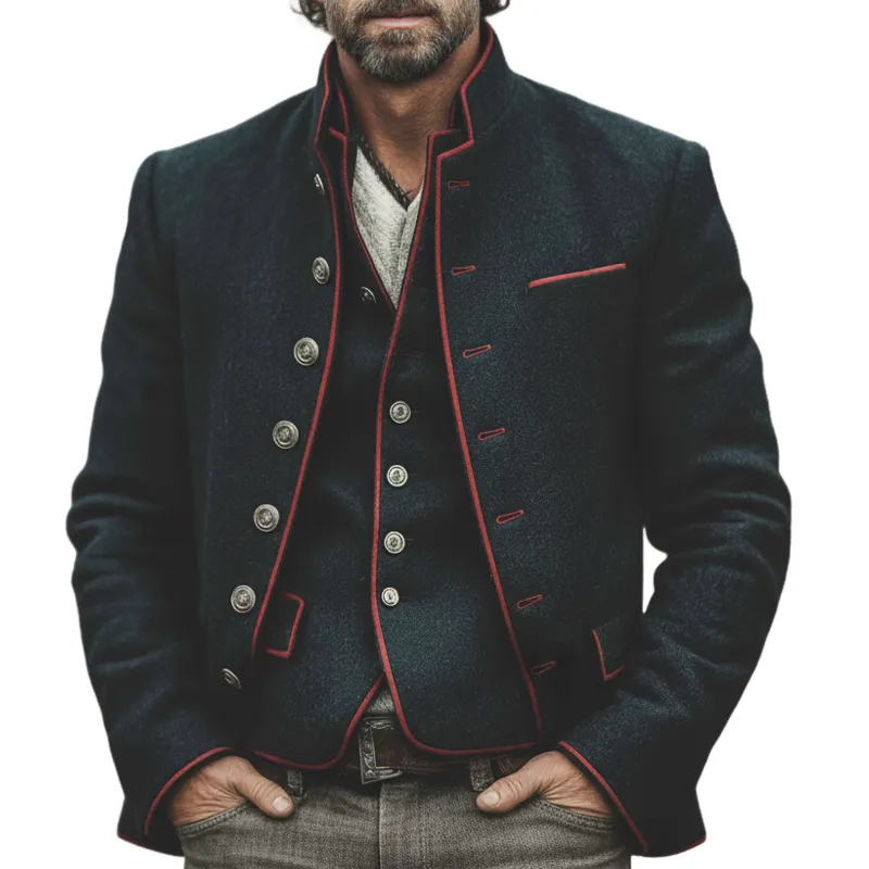 Men's Retro Business Stand Collar Multi-Button Color-Blocked Trim Faux Wool Jacket MTA1803L2U sold by Manly