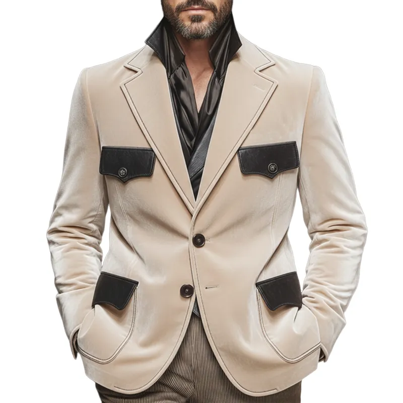 Men's Classic Business Velvet And PU Leather Patchwork Two-Button Blazer MTA1788L9U made by Manly