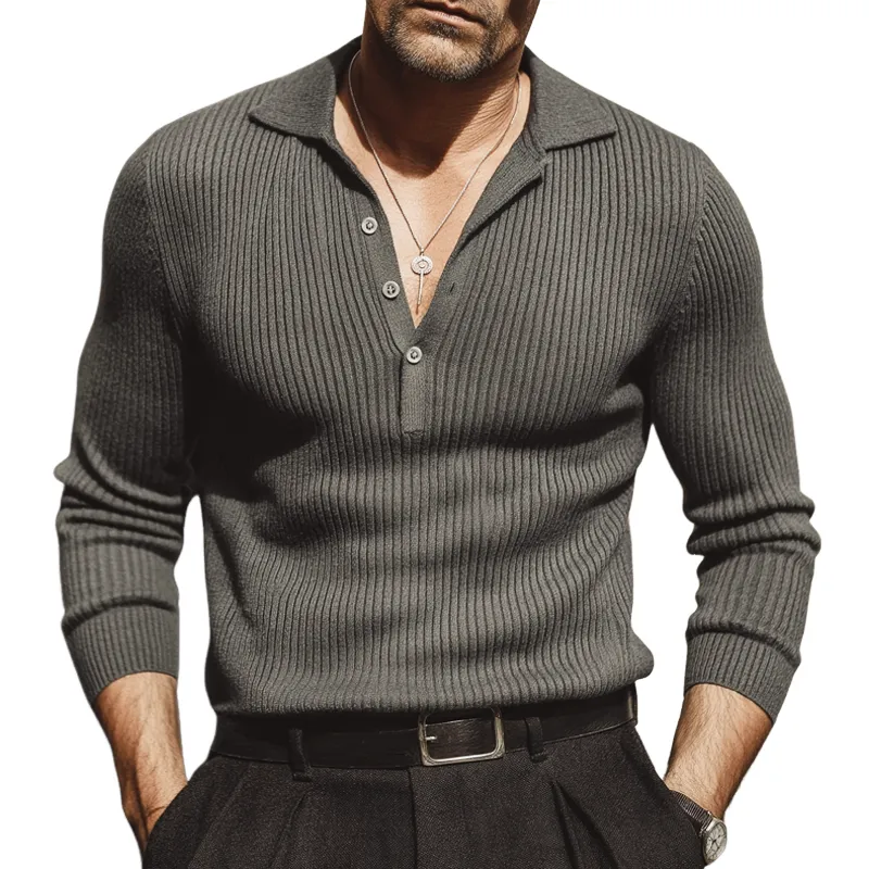 Men's Classic Urban Striped Three-button Polo Collar Slim-fit Knitted Sweater MTA1734L5U sold by Manly