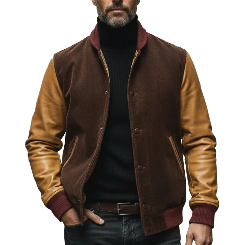 Men's Winter Vintage Corduroy And PU Faux Leather Button-up Jacket MTA1776L4P sold by Manly
