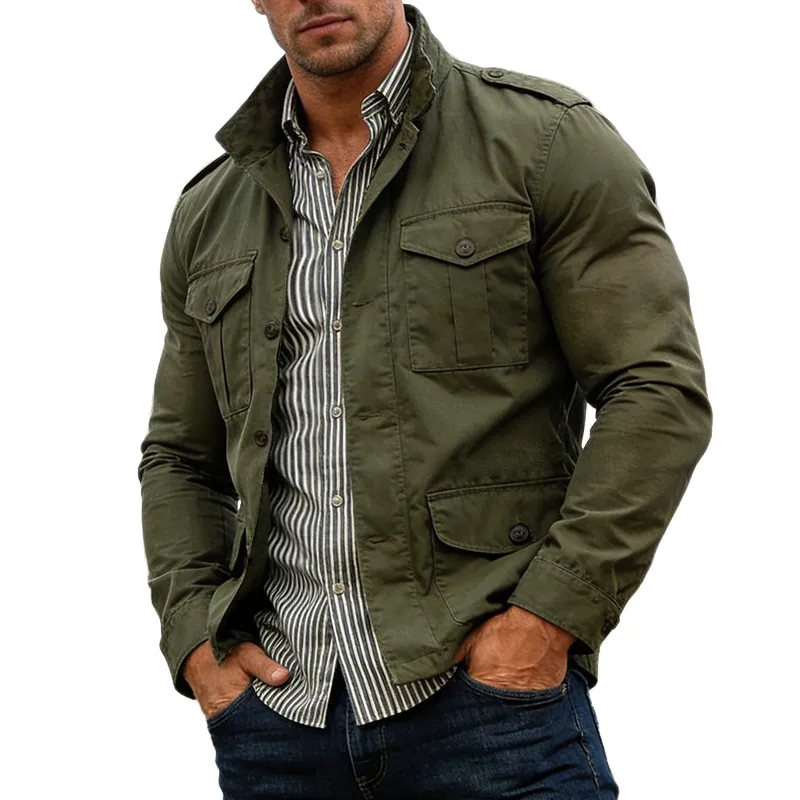 Men's Retro Casual Cotton Lapel Outdoor Workwear Button Jacket MTA1546L3TO sold by Manly