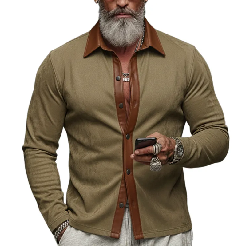 Men's Classic Vintage PU Leather Collar Slim-fit Faux Suede Long-sleeved Shirt MTA1719L6K sold by Manly