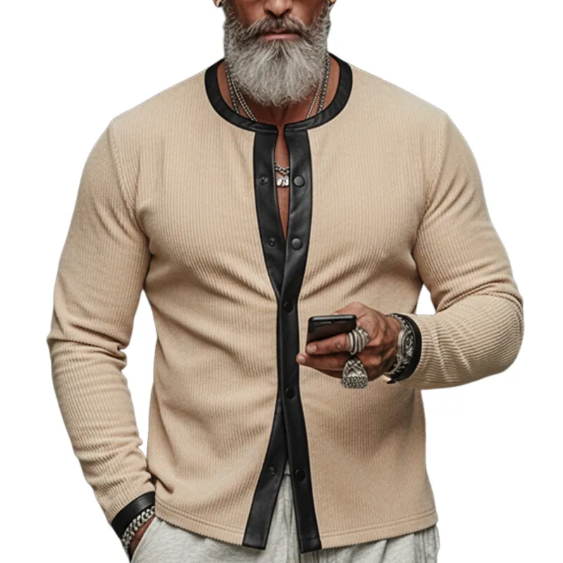 Men's Classic Vintage PU Leather And Corduroy Patchwork Slim-fit Long-sleeved Shirt MTA1713L6K made by Manly